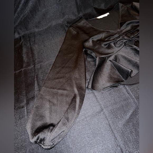 All in Favor Tie Front Satin Peplum Top in Black - Picture 8 of 10